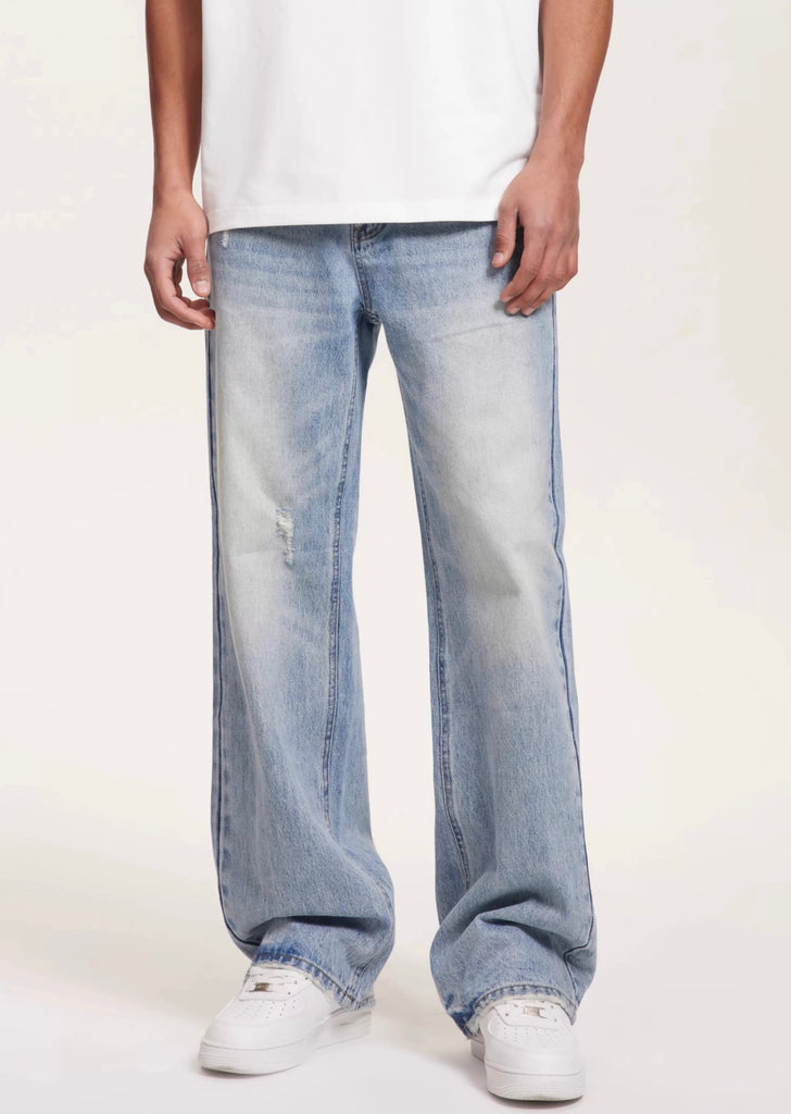 8FF/24SS Blue Brushed Ripped Straight Jeans