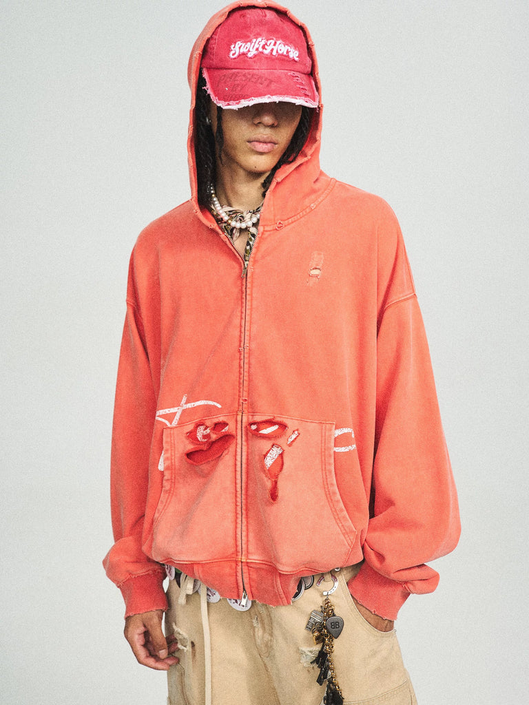 STEEPC Distressed Coral Zip Hoodie