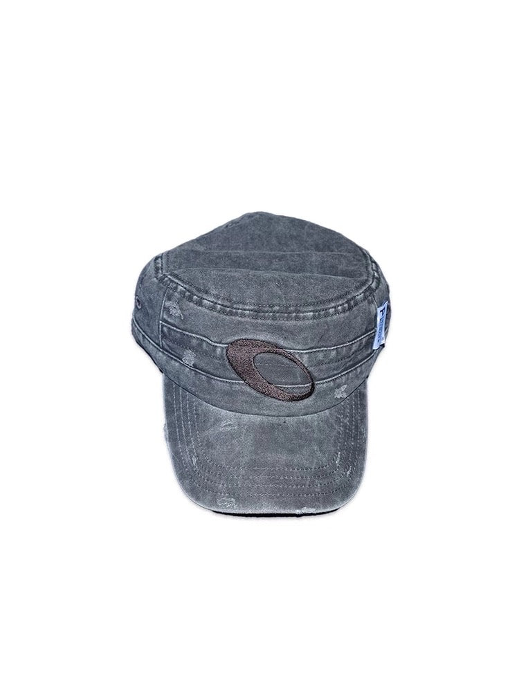 Gray denim cap with a brand logo on a white background