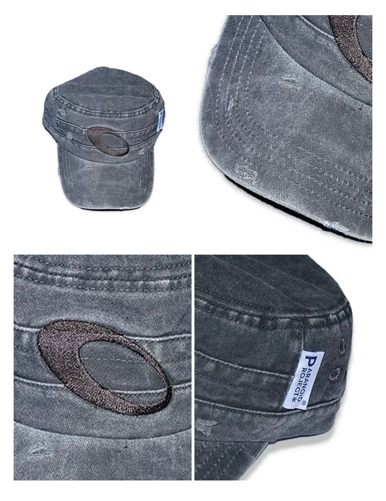 Collage of a gray cap with branding details on a white background