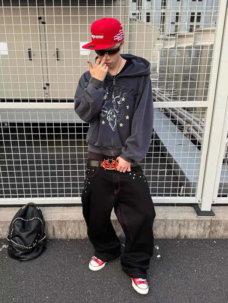 VETERANBOI Redstitch Studded Black Denim