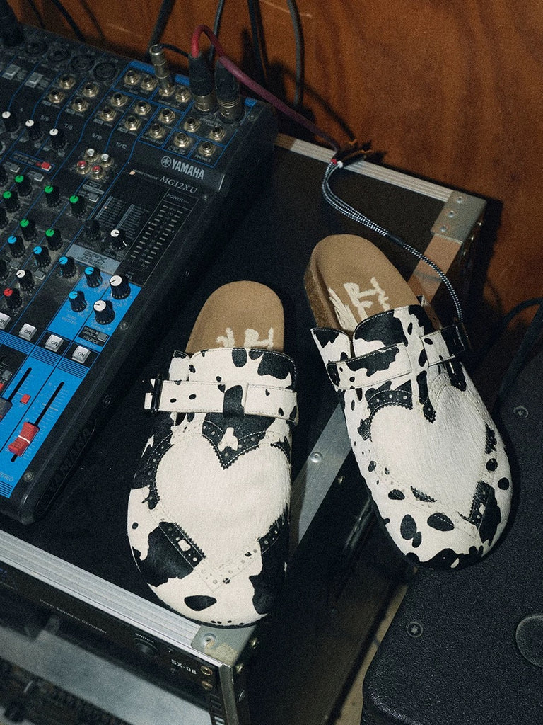 CONP HeartClosed Cow-Print Buckle Clogs