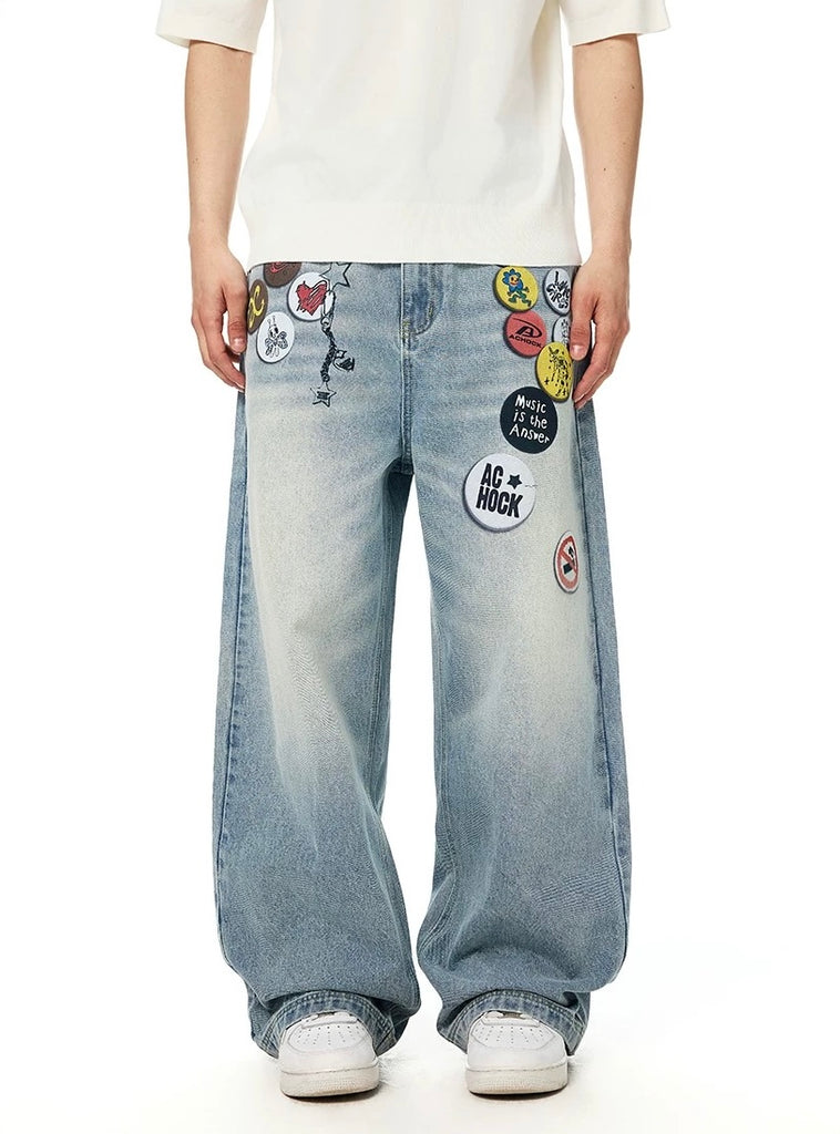 Achock Badge Print Wide-Leg Jeans