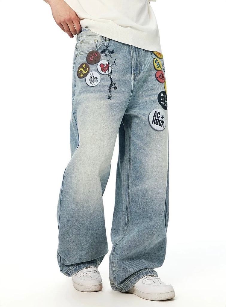 Achock Badge Print Wide-Leg Jeans