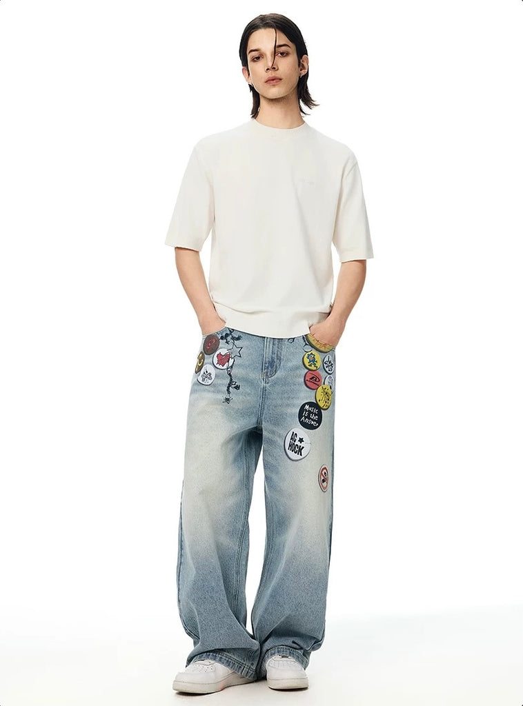 Achock Badge Print Wide-Leg Jeans