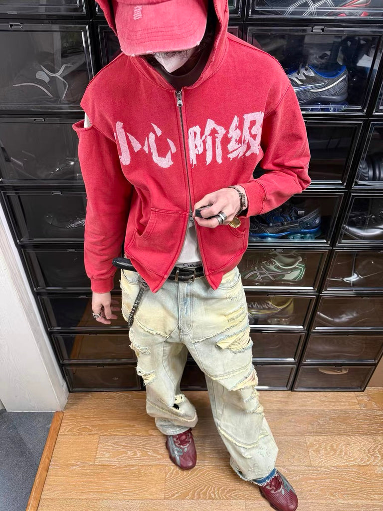 Mandarin Distressed Zip Hoodie
