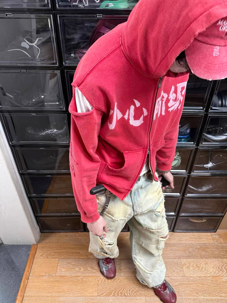 Mandarin Distressed Zip Hoodie