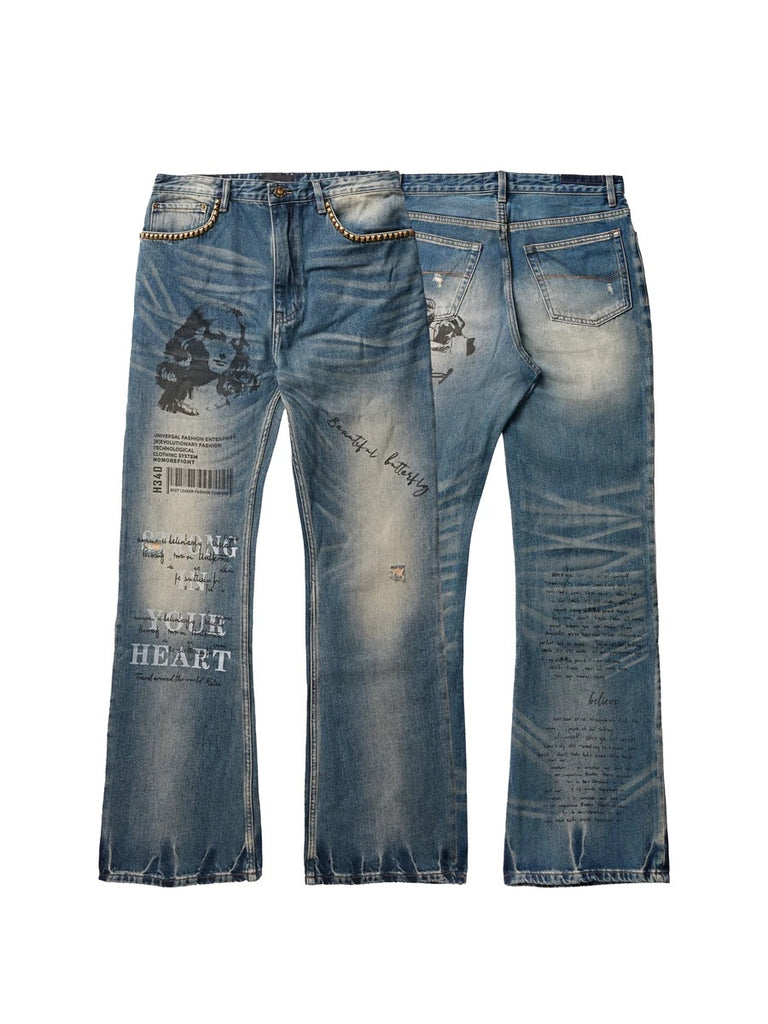 Blue distressed jeans with text on a white background